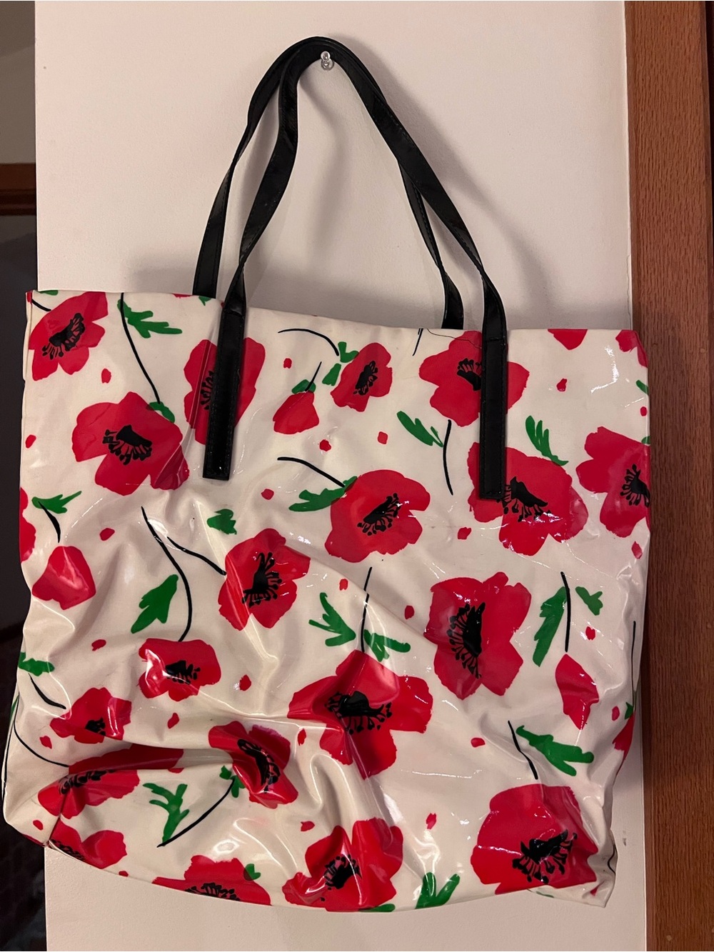 kate spade White Tote with Red Poppy Print and Black Handles - Picture 3 of 4